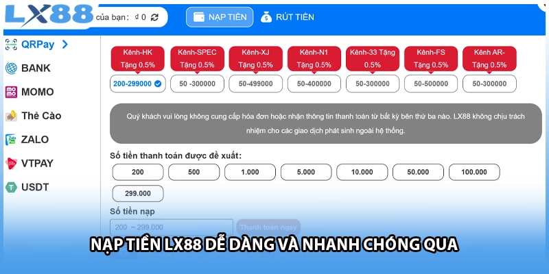 Nạp tiền LX88 dễ dàng và nhanh chóng qua